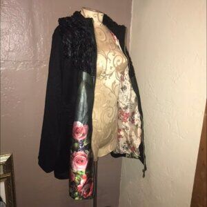 Romantic Black Japanese Floral Mixed Media Oversizes Zip Coat